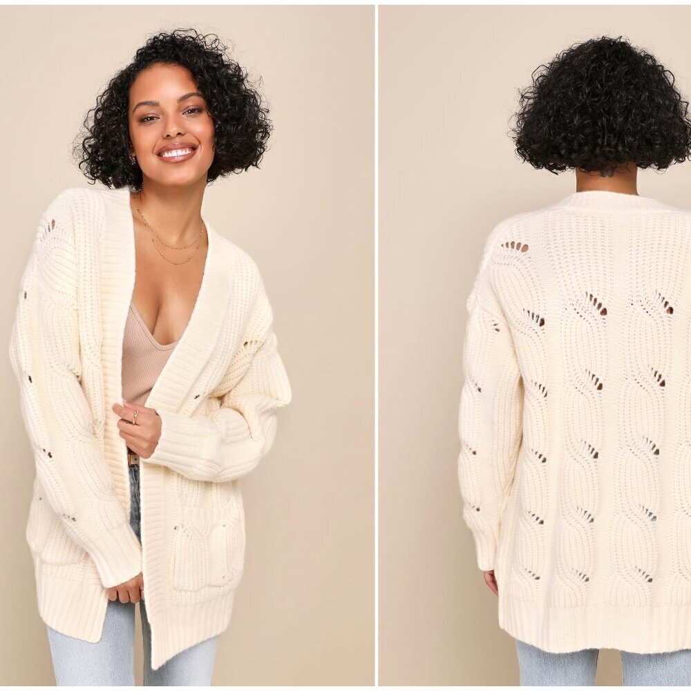 Lulu's Chalet Vibes Cream Chunky Cable Knit Oversized Sweater Size XS